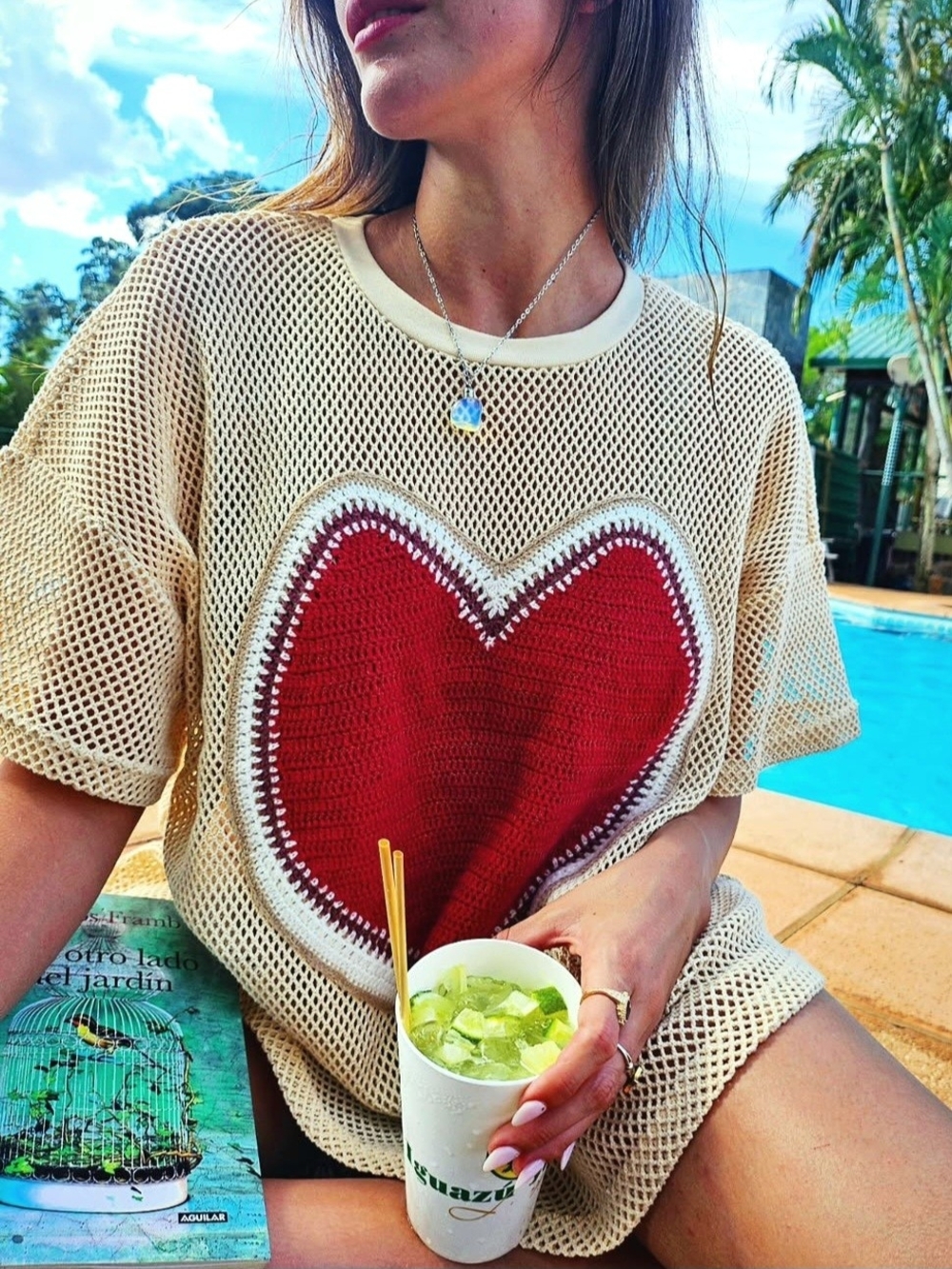 Forever 21 Cream Mesh Fishnet Tee with Crochet Heart Patch EUC